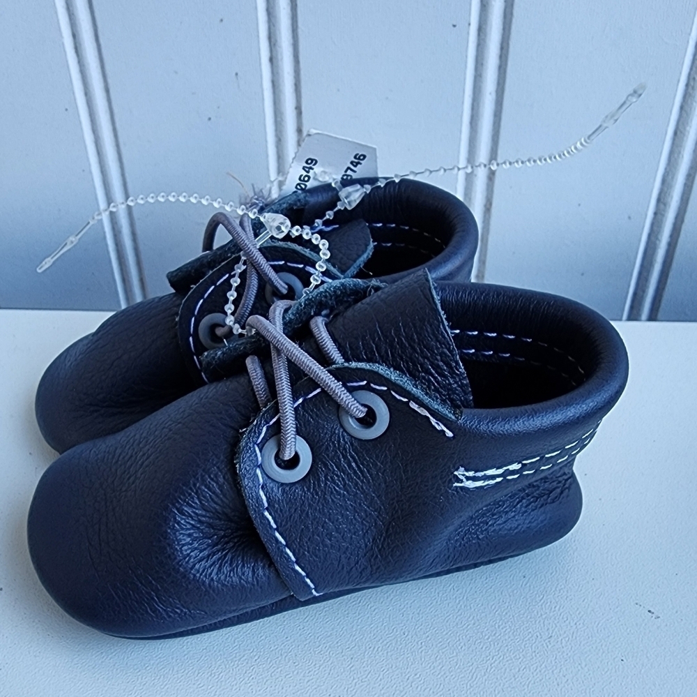 Coral Pear Genuine Premium Leather Classic Infant Moccasin Baby Navy Blue Sz 1